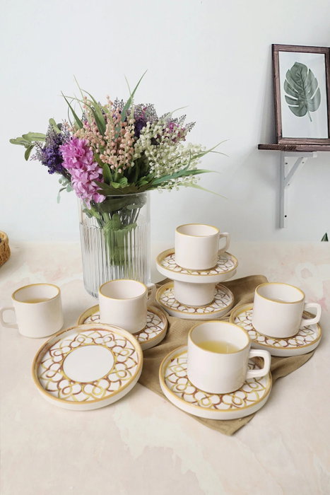 Hermia Juego de tazas de té de 12 piezas, Canela y Blanco